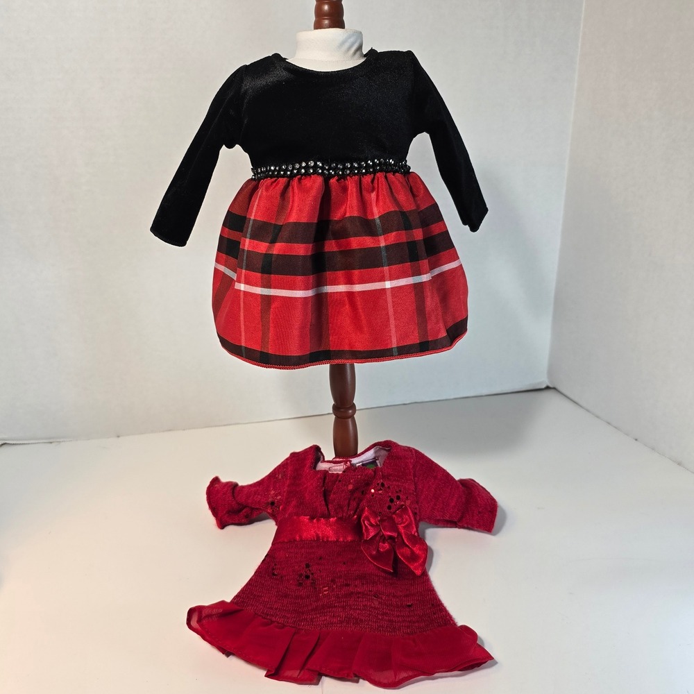 Dollie & Me 18 Inch Doll Clothes Set 2 Holiday Dresses Red Plaid Velvet‎ Sequins